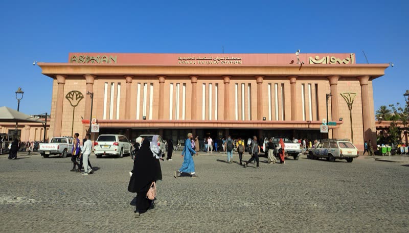 Aswan railway station exterior and forecourt