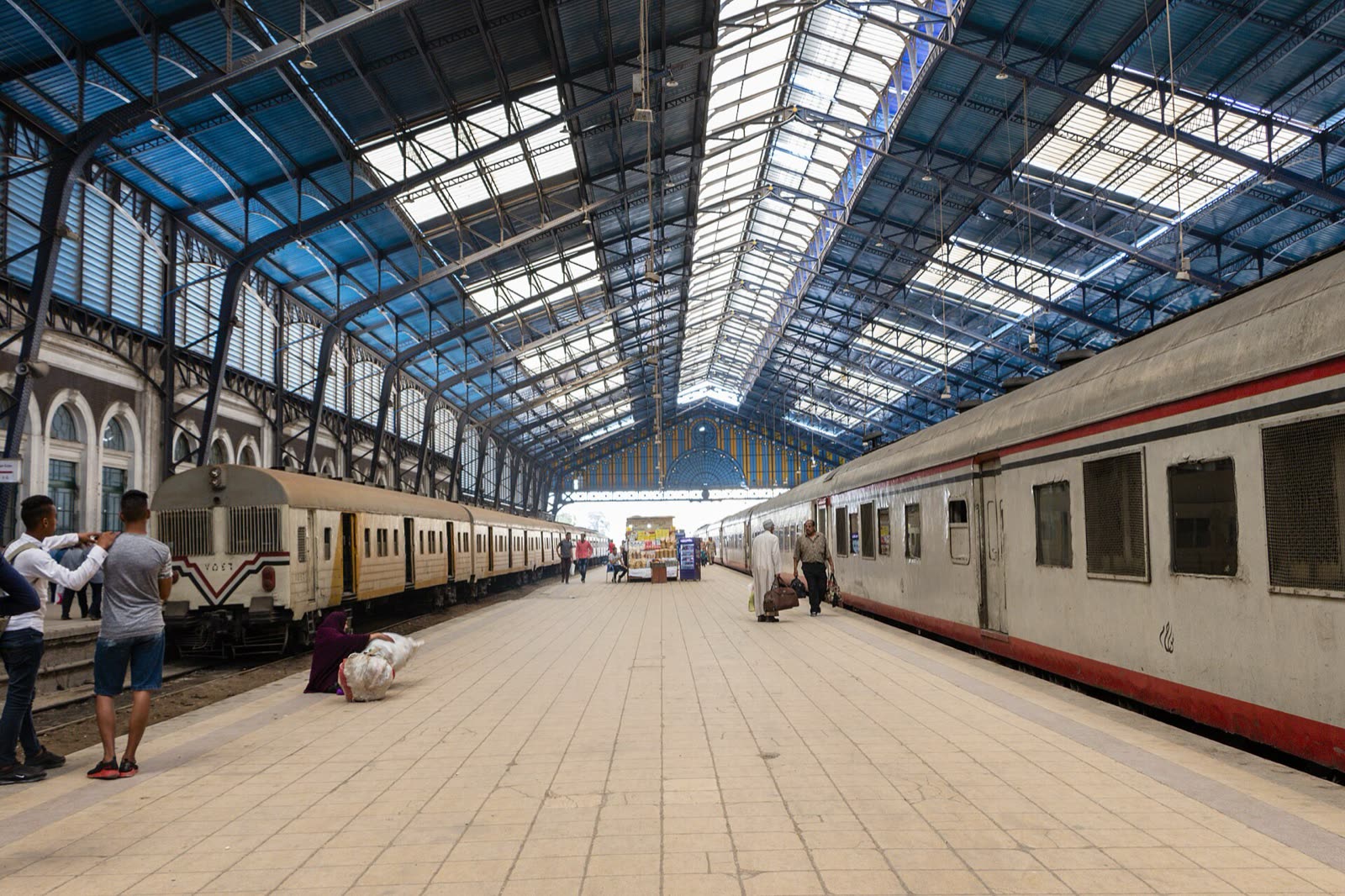Egyptian railway train beside a station platform